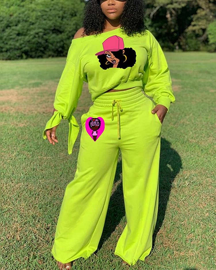 Figure Graphic Self-Tie Boat Neck Top & Pants Set - Shop Trendy Women's Clothing | LoverChic