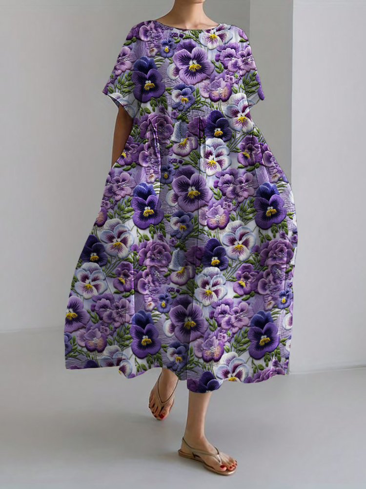Pansy Floral Embroidery Pattern Linen Blend Maxi Dress