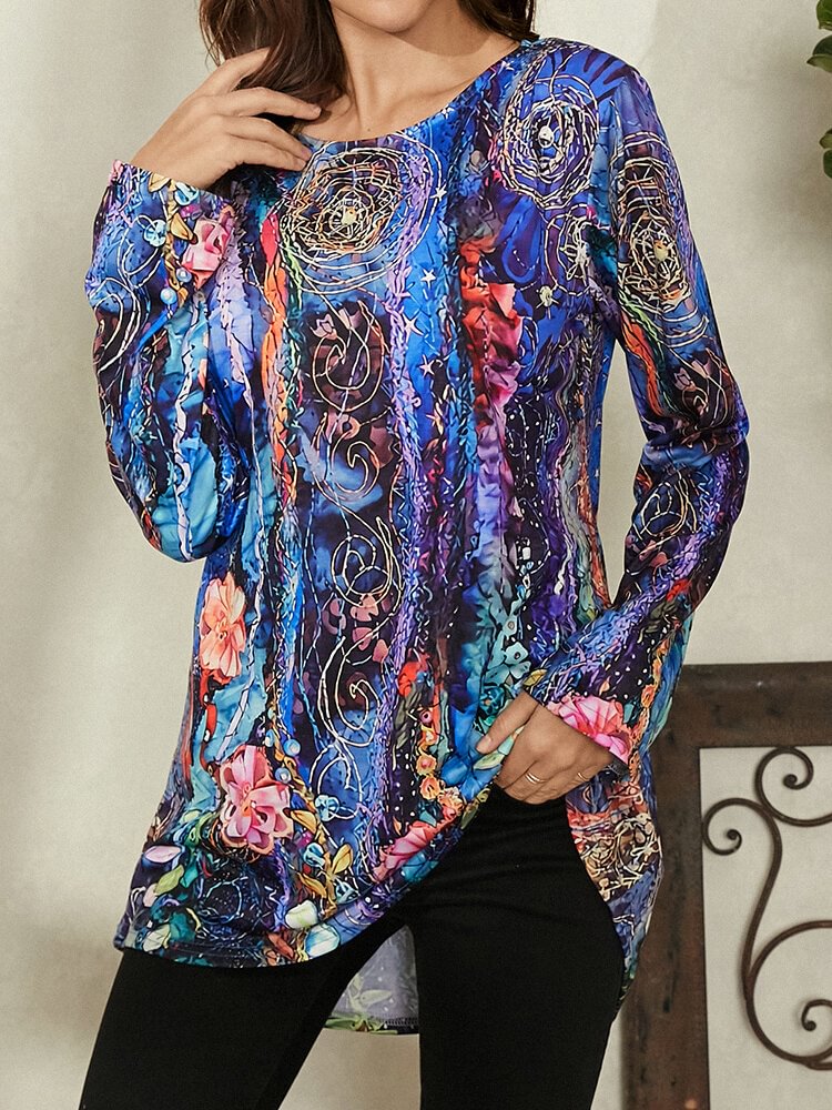 Vintage Floral Print O neck Long Sleeve Casual T shirt for Women P1815857