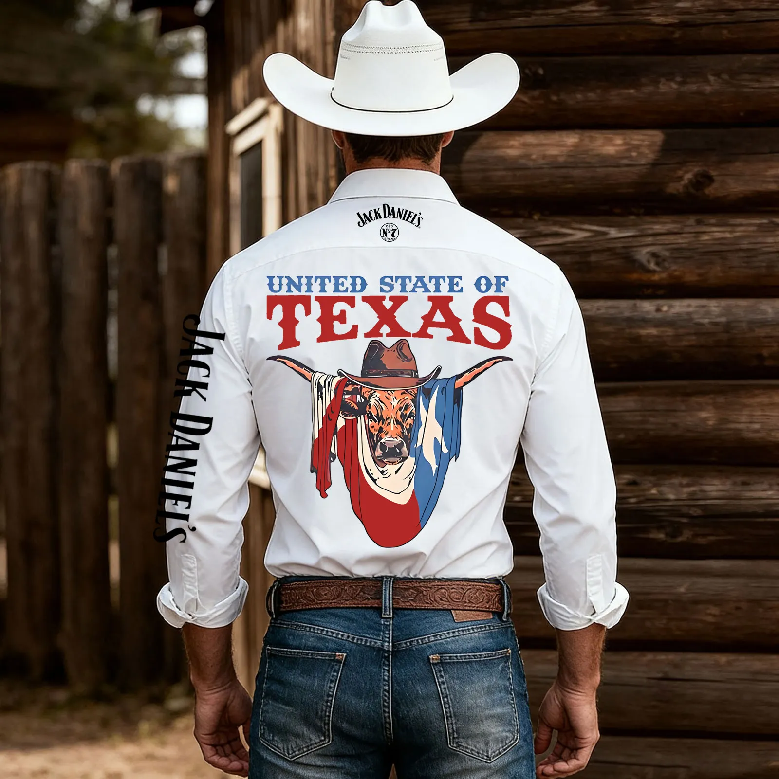 Cotton Long Sleeve Western Shirt With Bull Graphic And State Flag Design