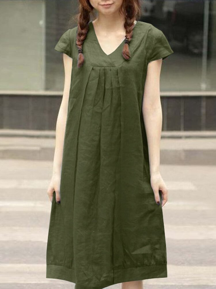 Leisure Solid Ruched Short Sleeve Casual Midi Dress