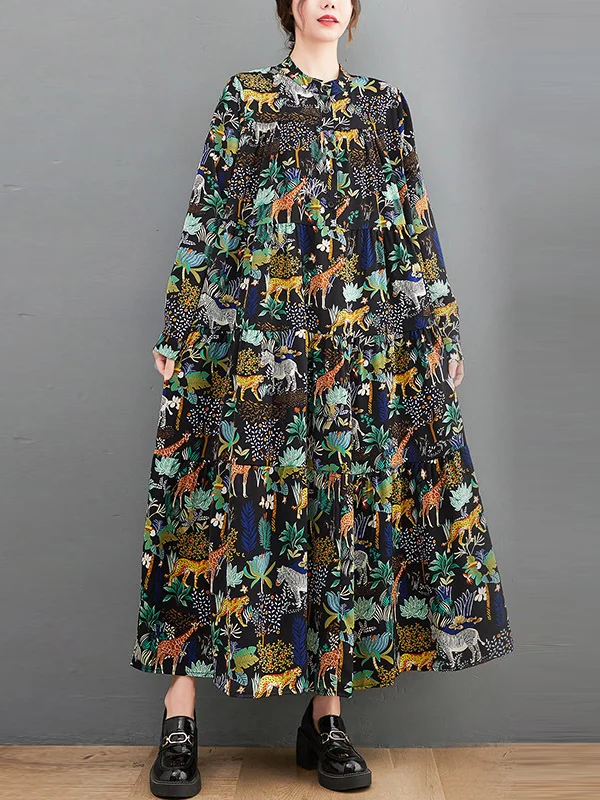 Original Long Sleeves Roomy Floral Stamped Pleated Split-Joint Midi Dresses