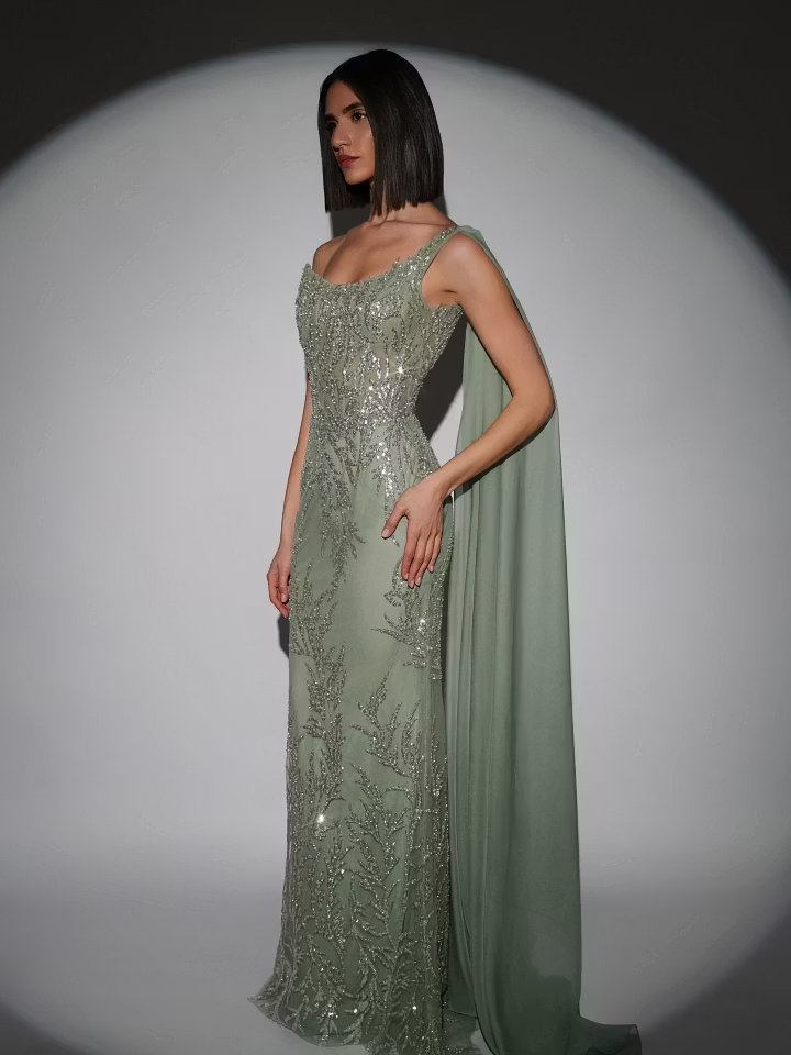 Lussooy Classic Sleeveless Green One Shoulder Floor Appliques Length Evening Dress