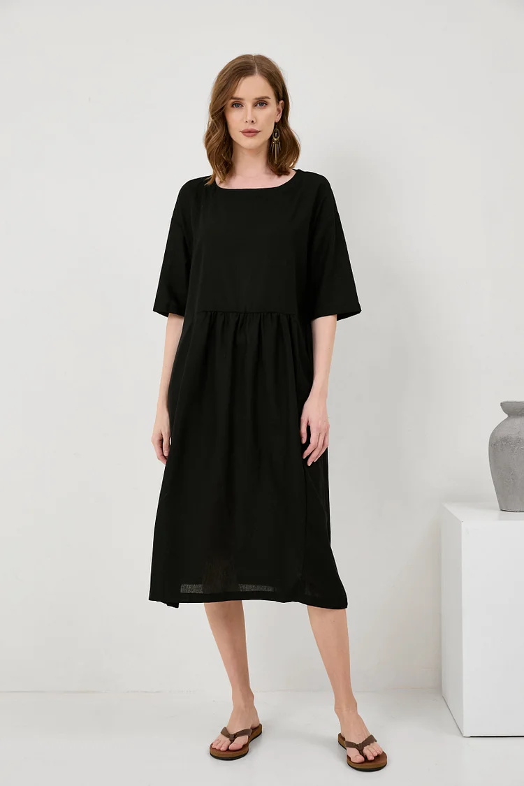 Cotton And Linen A-Line Midi Dress[ Pre Order ]