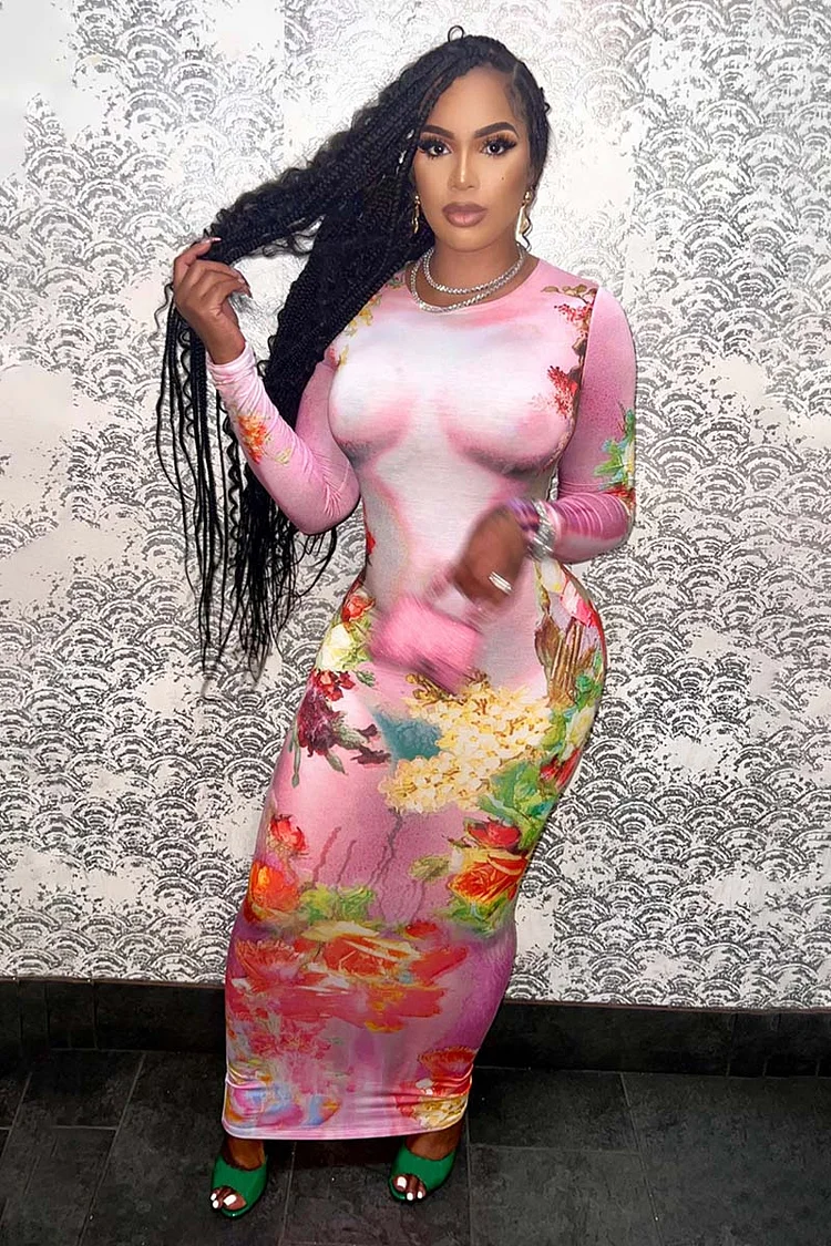 Floral Print Long Sleeve Bodycon Maxi Dresses