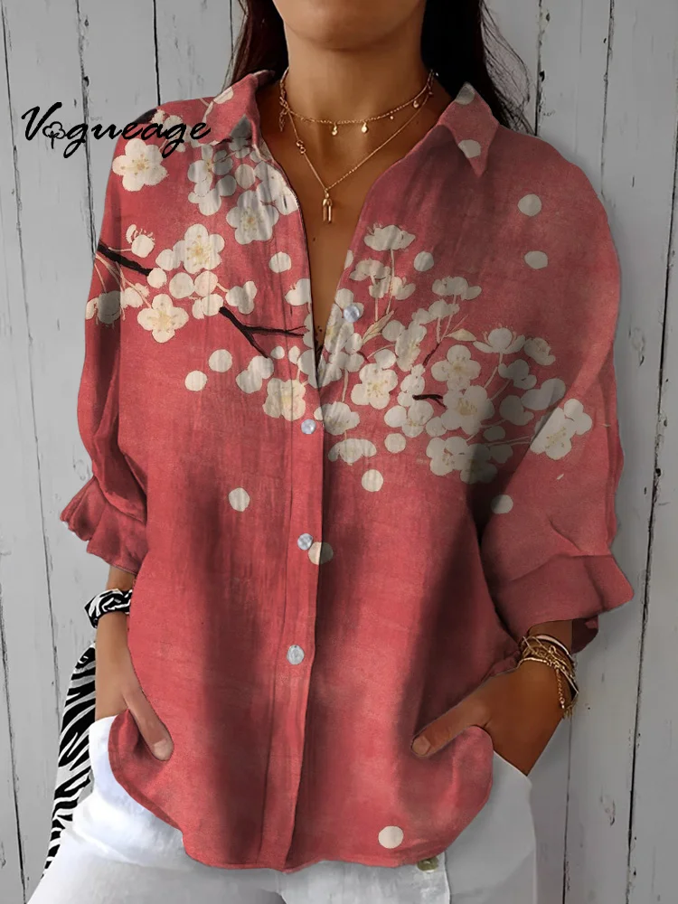 Elegant Gentle And Intellectual Plum Blossom Printed Cotton And Linen Shirt