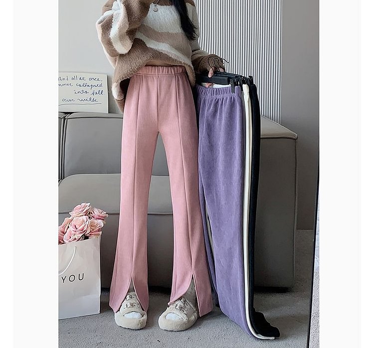 High Waist Plain Slit Corduroy Bootcut Pants ZE7