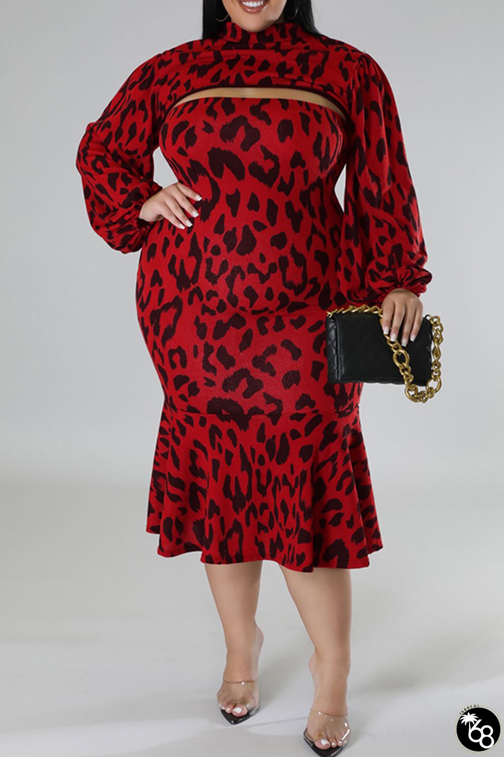 Red Sexy Casual Print Leopard Hollowed Out Turtleneck Plus Size Two Pieces | 168DEAL