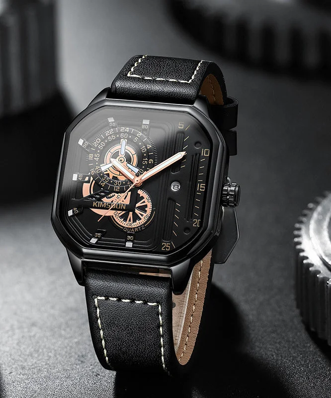 Unique Black Leather Quartz Movement Noctilucent Watches