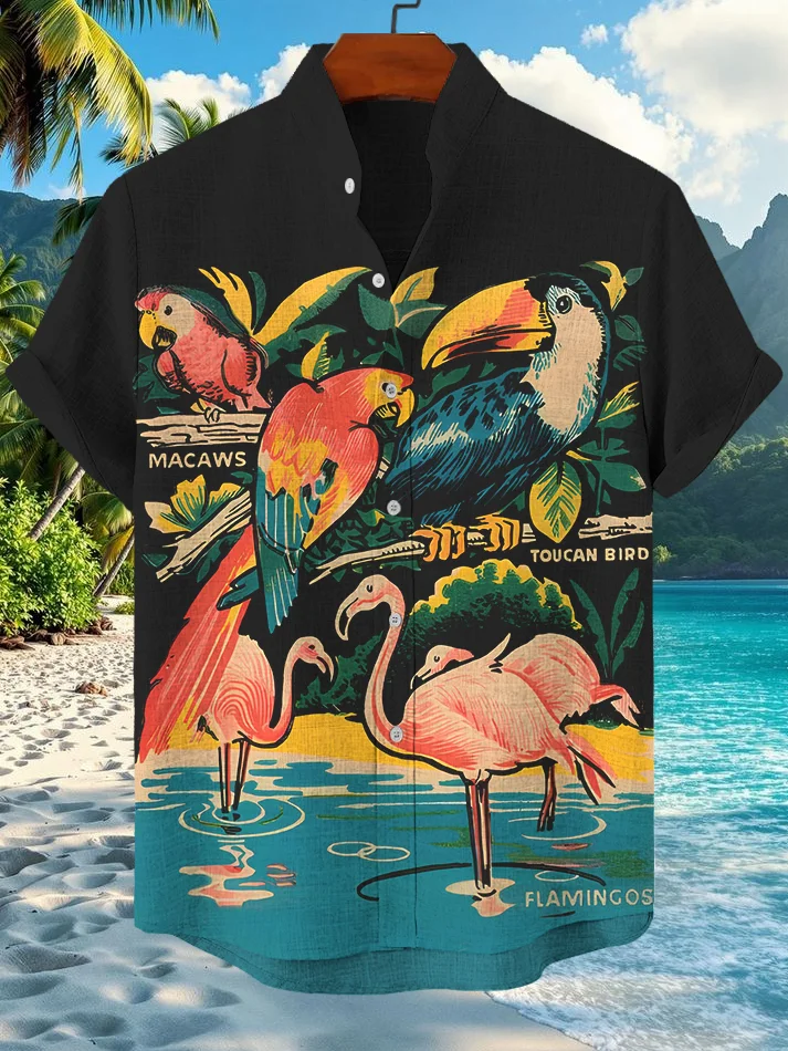 Men's Hawaii Flamingos Toucan Bird Macaws Print Short Sleeve Shirt