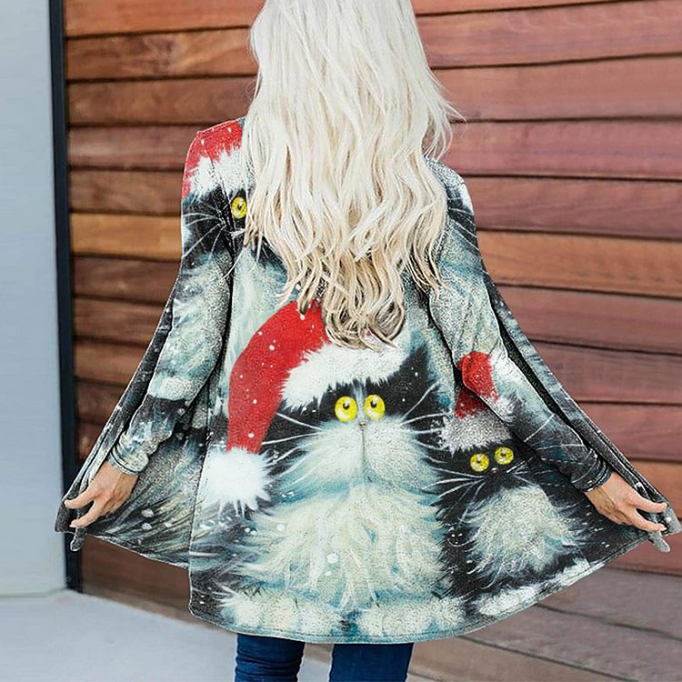 Vefave Casual Christmas Cat Print Cardigan