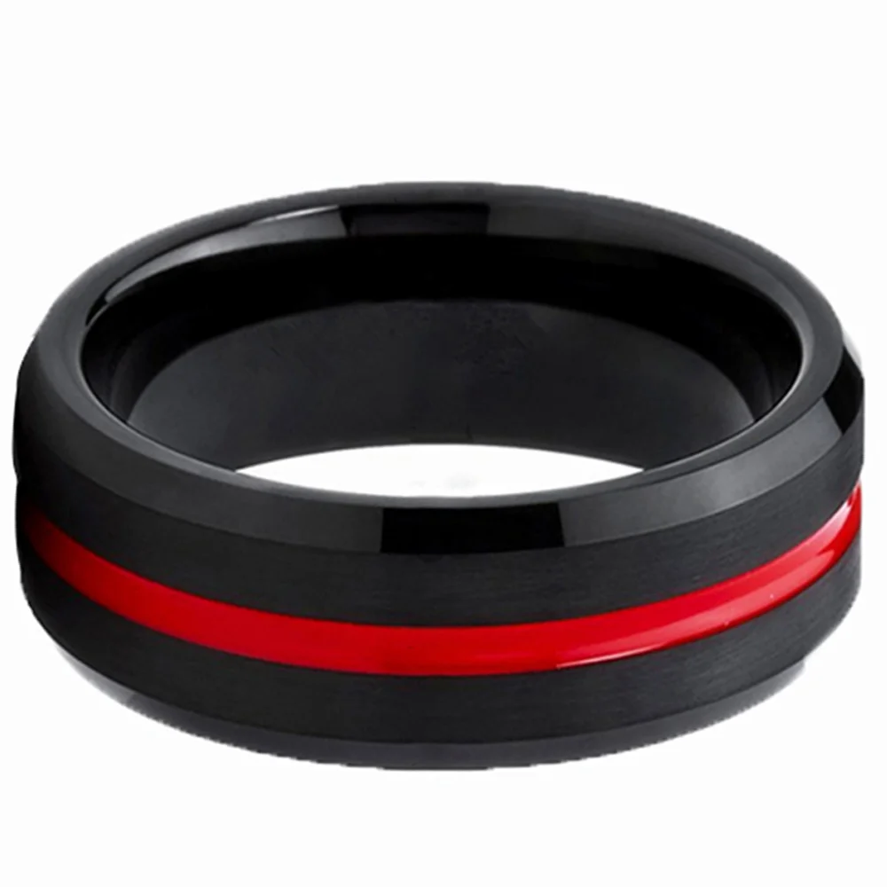 Black Brushed 8MM Men Tungsten Carbide Rings Thin Red Grooved Wedding Band Bevel Edge Designed