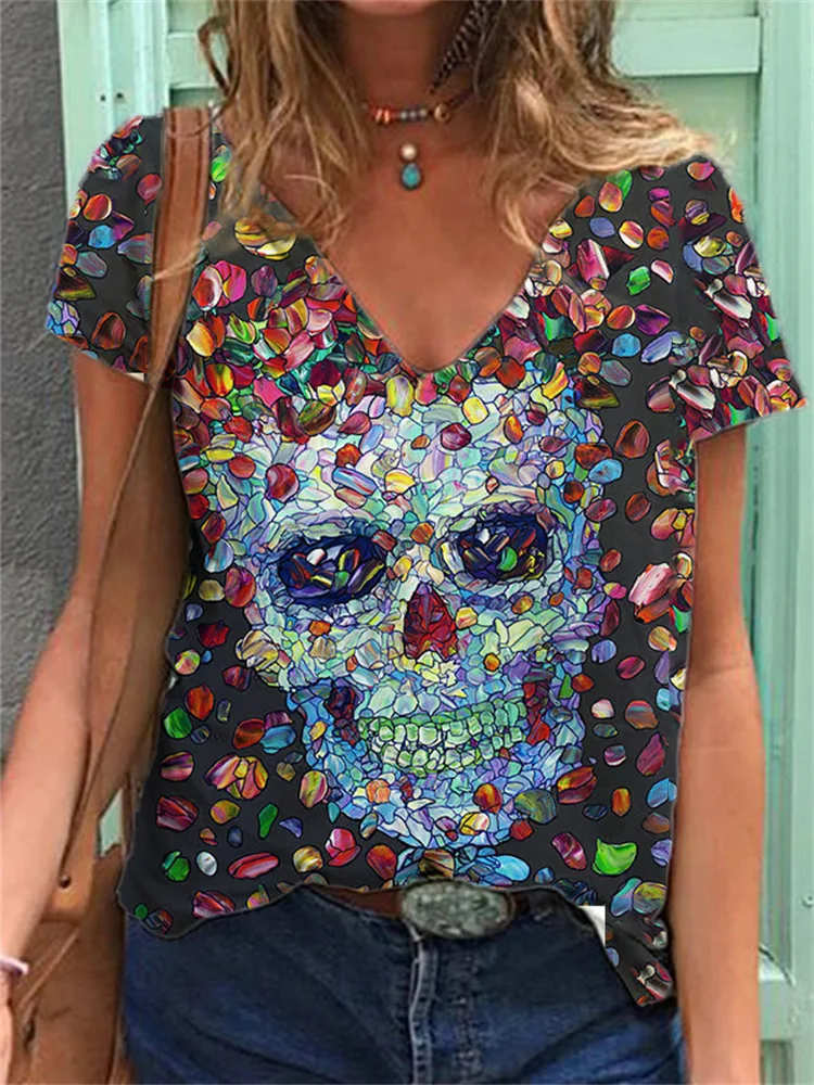 Vefave Flowered Skull Art Print V Neck T Shirt