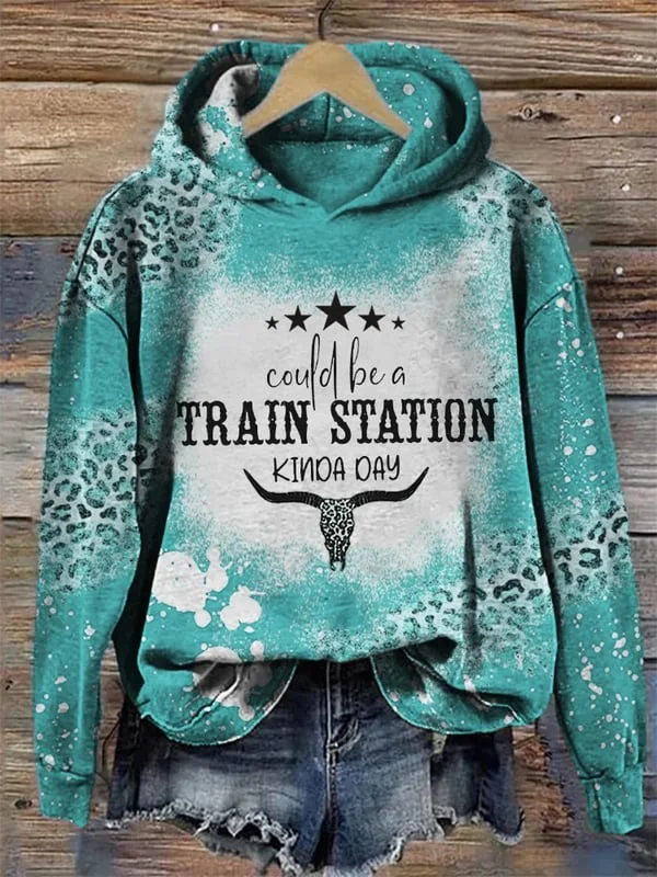 Women's Could Be A Train Station Kinda Day Leopard Bleached Print Hoodie