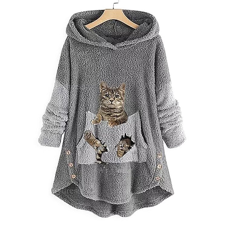 Comstylish Cat Pocket Button Down Long Sleeve Woollen Hoodie