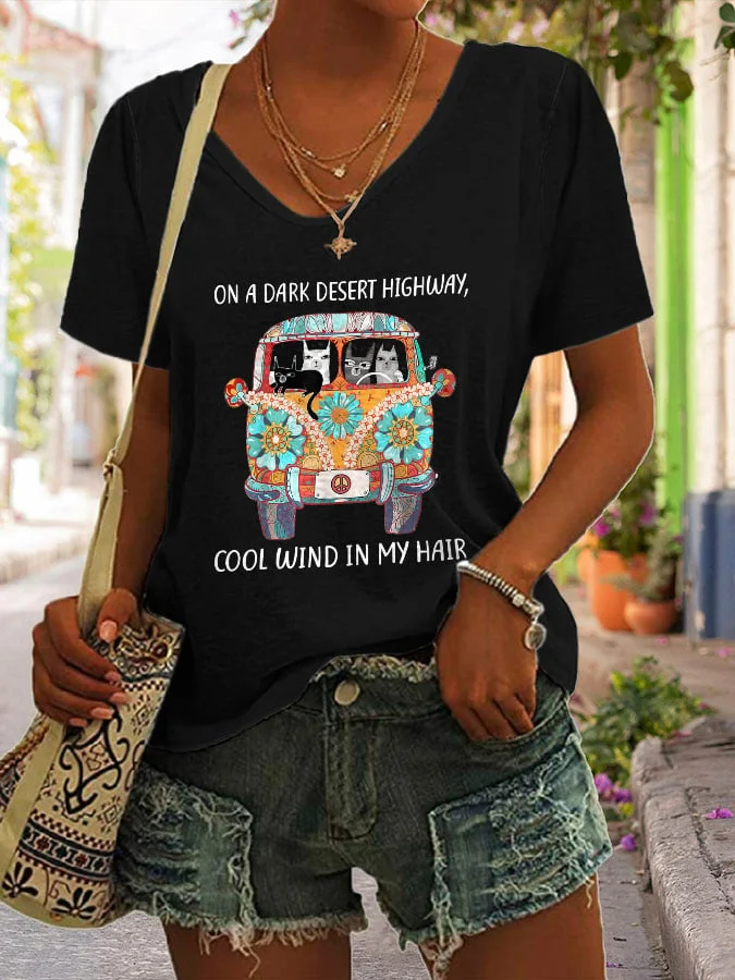 Retro Hippie On A Dark Desert Highway Cool Wind In My Hair Print T-Shirt