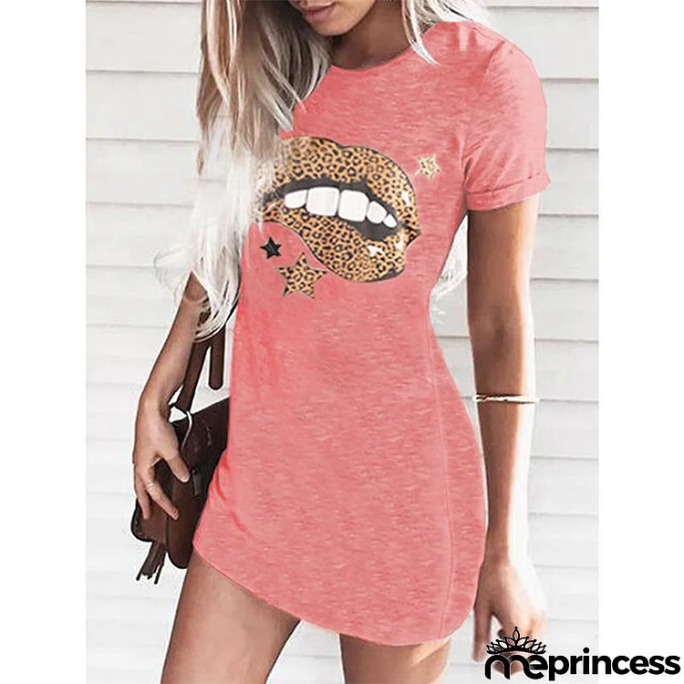 Women Fashion Casual Lips Floral Graphic Printed Round Neck Short Sleeve Dress