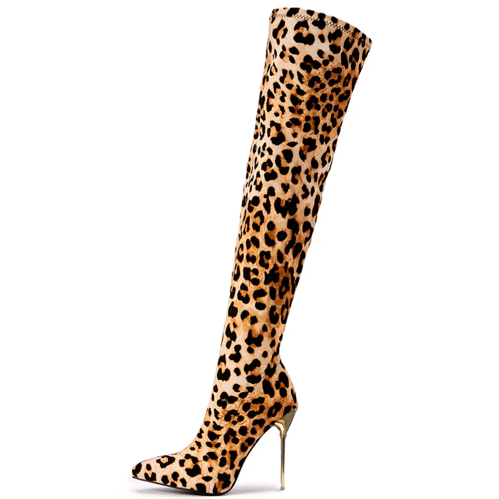 Women's Leopard Print Gold Stiletto Heel Tight Over The Knee Boots Nicepairs