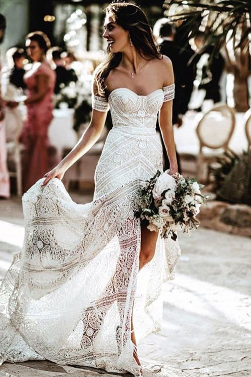 Satin Off the Shoulder Wedding Dresses Lace Applique Mermaid Bridal Dresses  W0066 - As Pictured / US2
