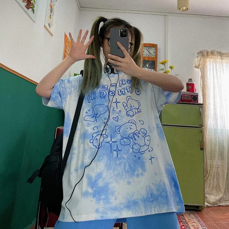 Korean Fashion Tie-dye Bear Printed T-shirt TK159