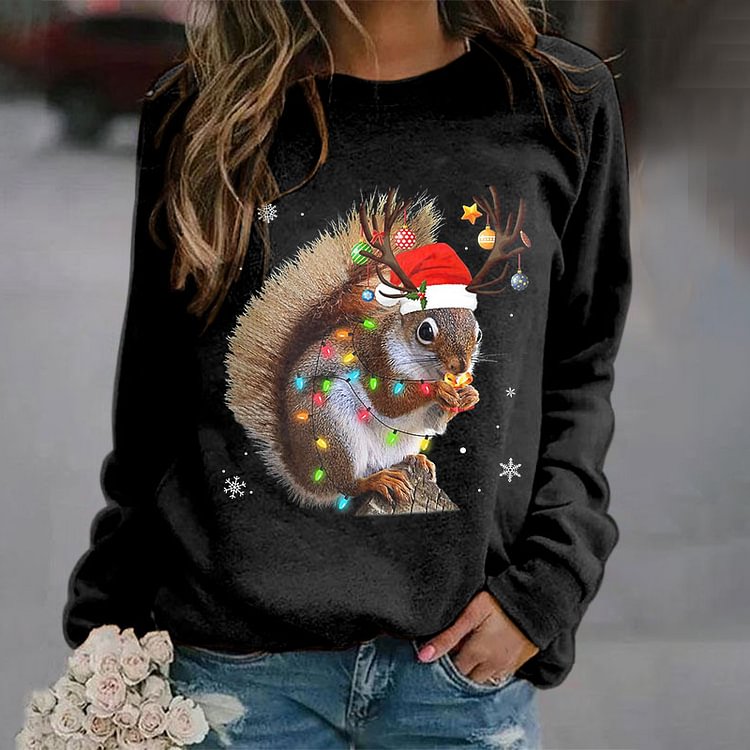 Comstylish Christmas Lights Squirrel Print Sweatshirt