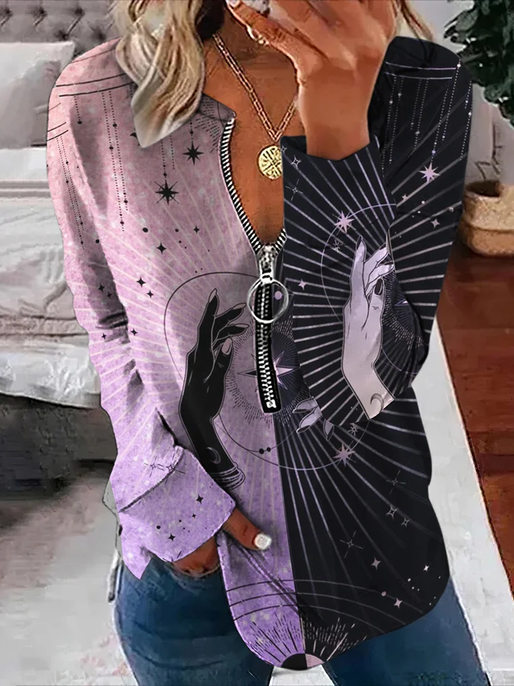 Contrast Color Stitching Print Zipper Round Neck Sweatshirt