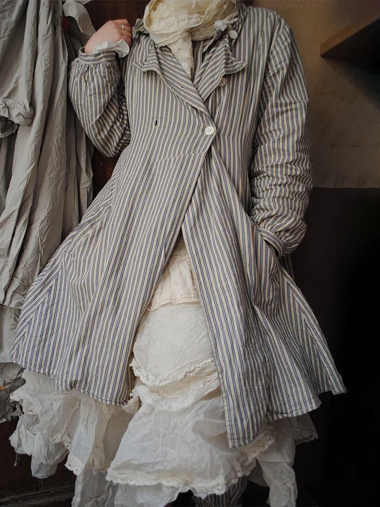 Vintage Stripe Print Buttoned Smock For Women