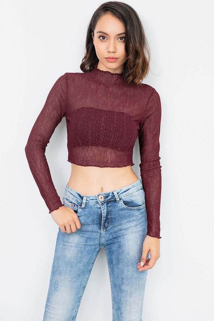Burgundy High Neck Crop Knit Blouse With Long Sleeves - Shop Trendy Women's Clothing | LoverChic