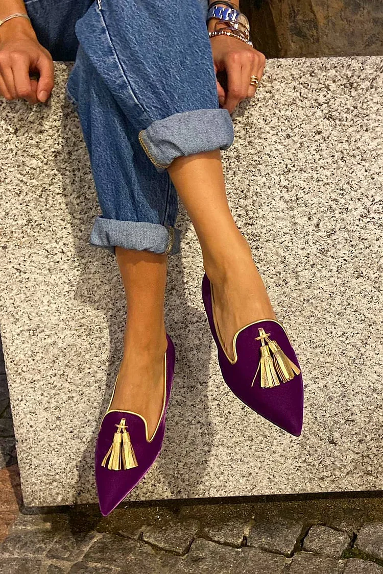 Faux Leather Colorblock Tassels Decor Pointy Toe Flats