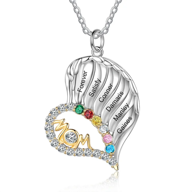Personalized Heart Wing Necklace with 6 Birthstones Mother Necklace