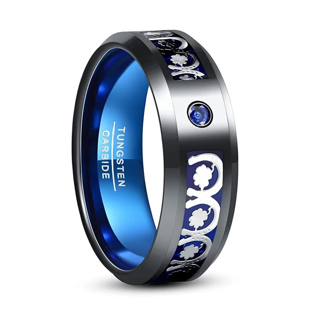 8mm Blue Carbon Fiber Tungsten Carbide Rings With Cubic Zirconia Inlay Men's Wedding Bands