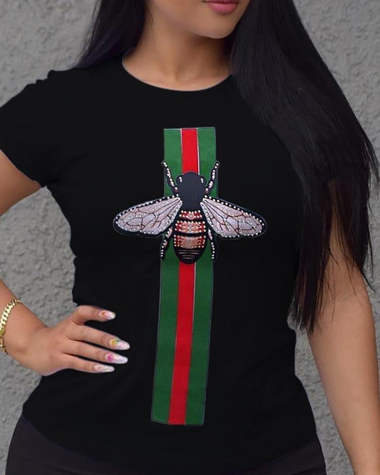 Fashion Striped&Bee Print Casual T-shirt P11733