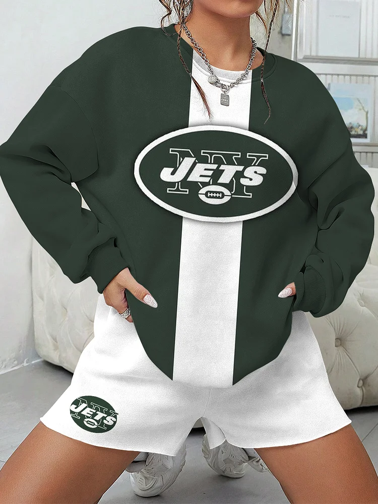 Colorblock Jets Print Football Sweatshirt & Shorts Set