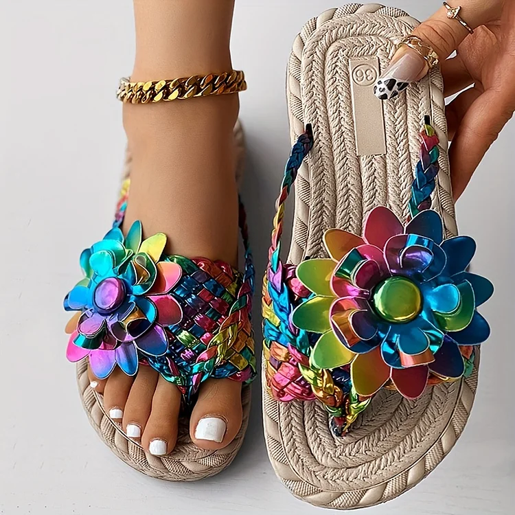 Women's colorful floral embellished thong sandals VangoghDress