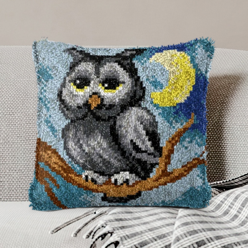 Moonlit Owl Latch Hook Pillow Kit Hooked Cushion for Adult, Beginner