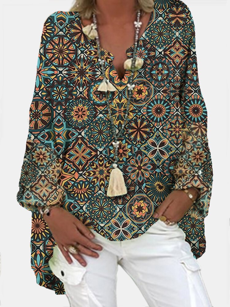 Geometric Printed Long Sleeve V neck Casual Blosue For Women P1739921