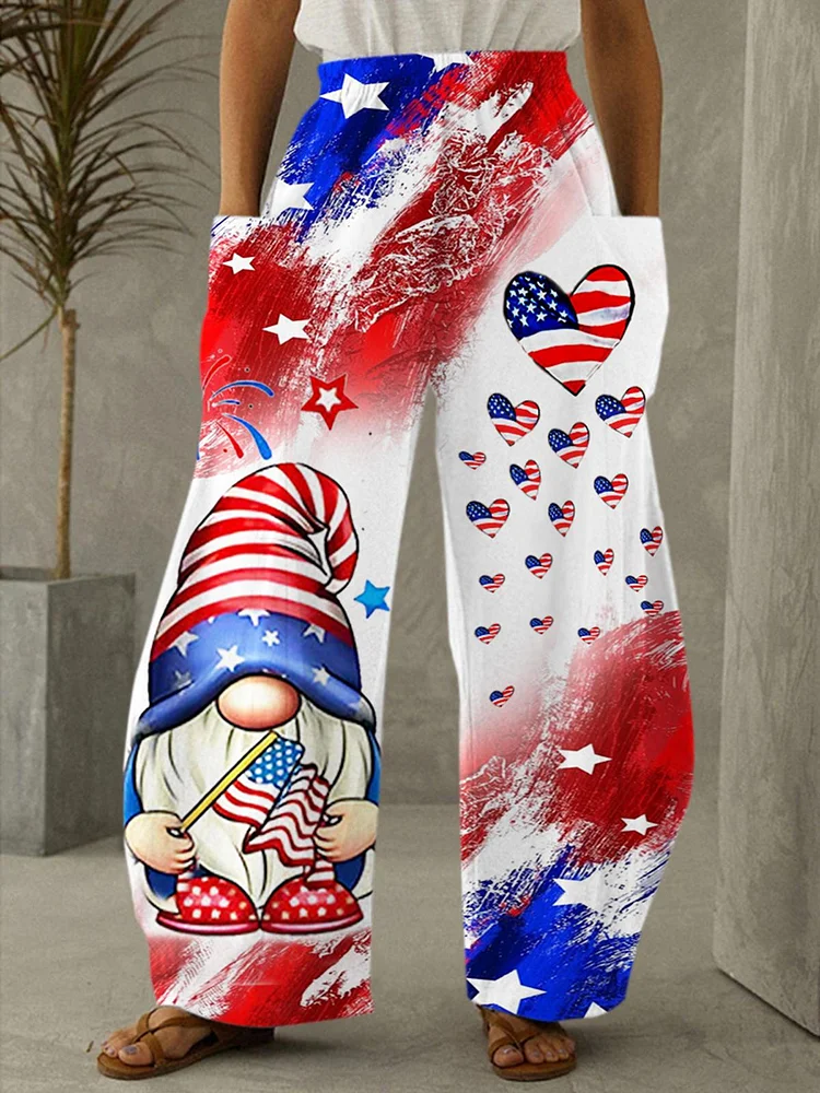 American Flag Gnome Print Casual Pants