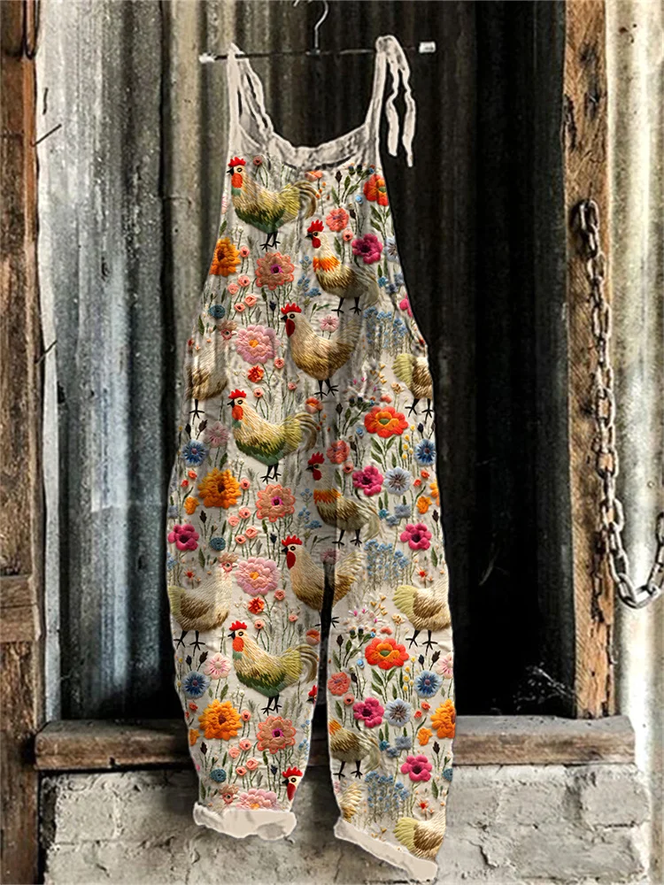 Comstylish Farm Chicken Floral Embroidery Pattern Linen Casual Jumpsuit