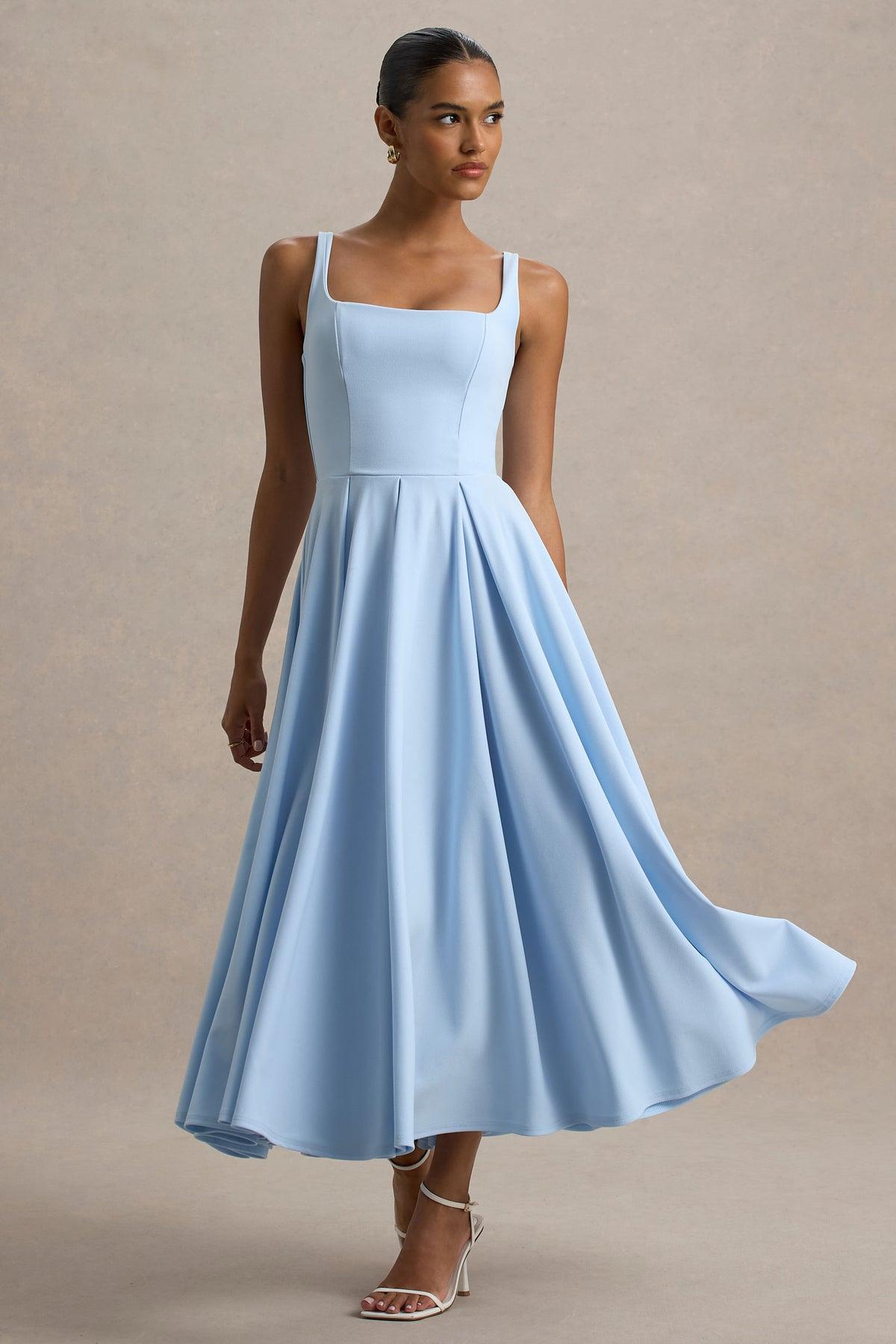 Lussooy Simple Sky Blue Spaghetti Strap Sleeveless A Line Prom Dress with Pleated