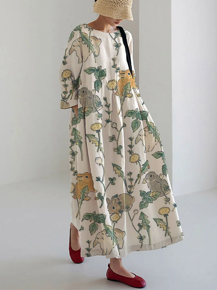 Woman Cute Bunny Floral Print Casual Dress socialshop