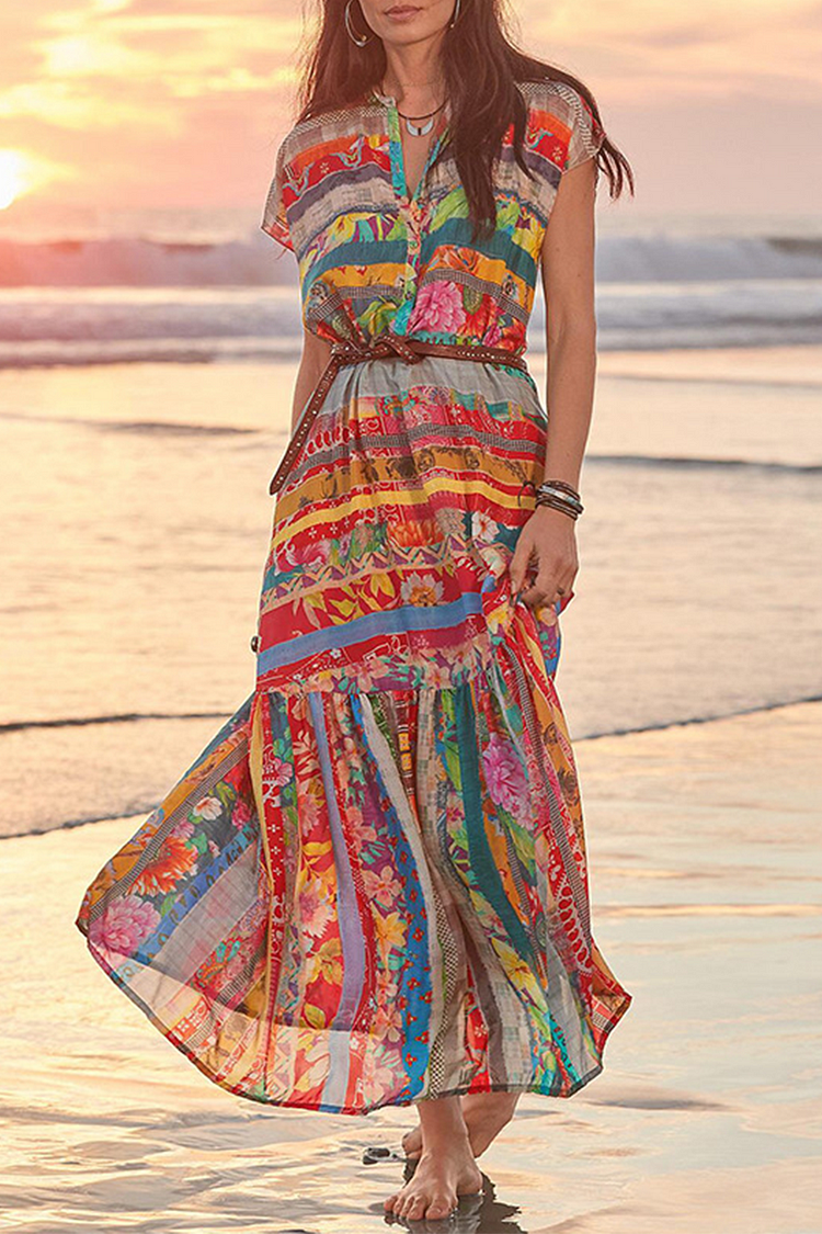 Casual Print Split Joint V Neck Cake Skirt Dresses - Life is Beautiful for You - SheChoic