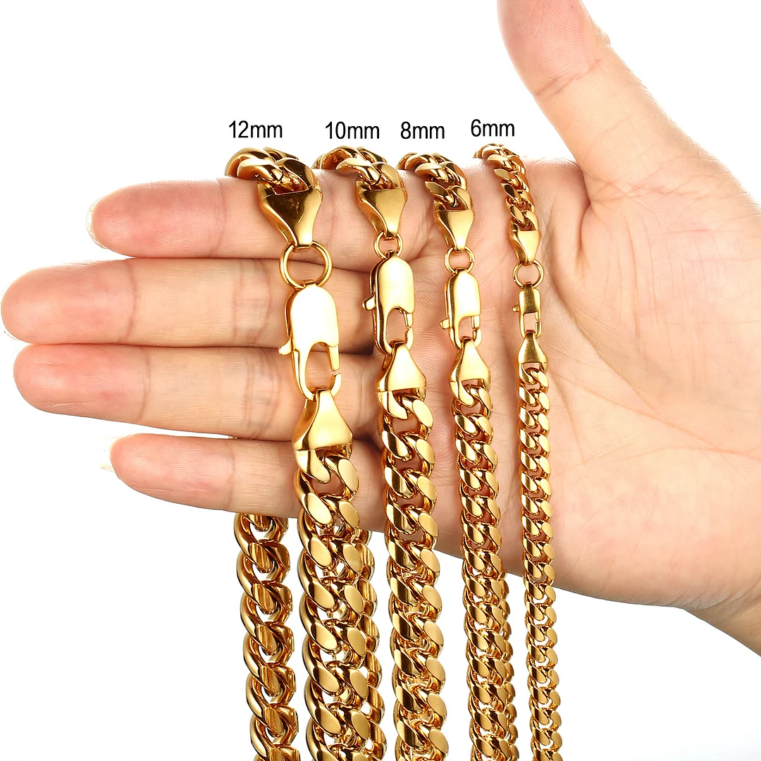 Gold Cuban Link Chain Necklace Mens Chain Real Plated 316L Titanium Stainless Steel Miami 6/8/10/12mm 8/16/18/20/22/24/26/28/30/ Inch