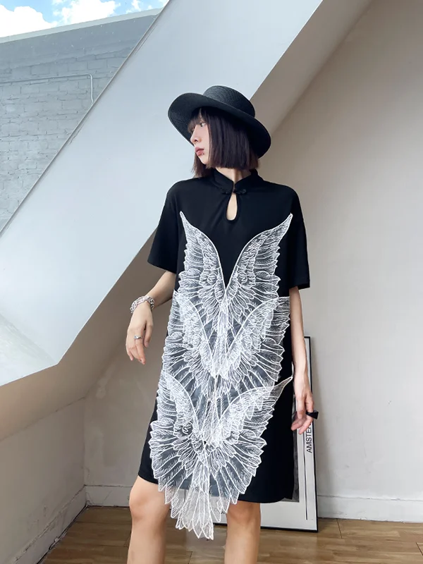 Loose Wing Embroidery Stitching Midi Dress