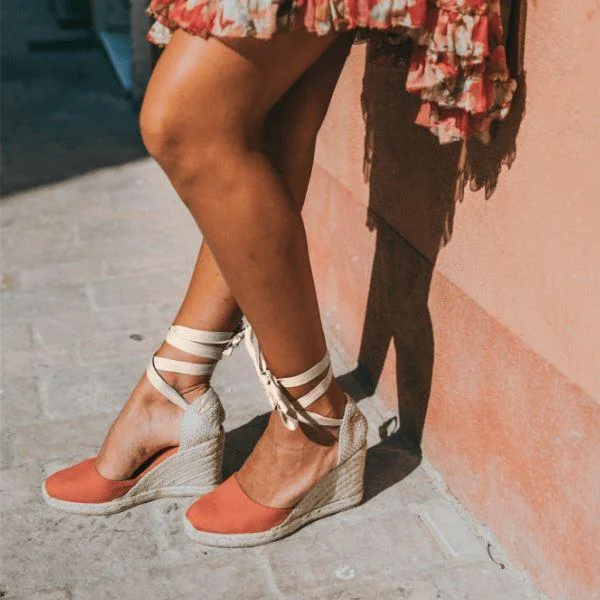Salmon Canvas Espadrille Wedges Strappy Closed Toe Summer Sandals |FSJ Shoes