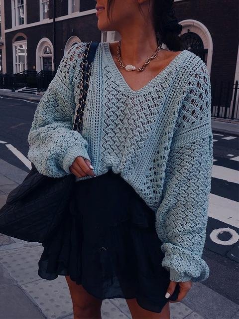 V-neck Hollow Out Loose Sweater - Shop Trendy Women's Clothing | LoverChic