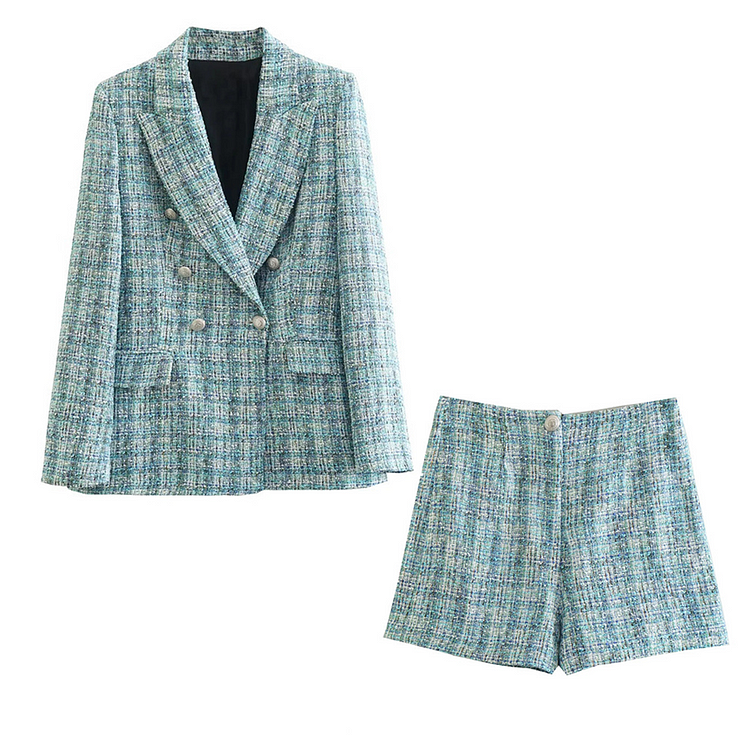 Flaxmaker Fashion Double Breasted Blazer Two Piece Set