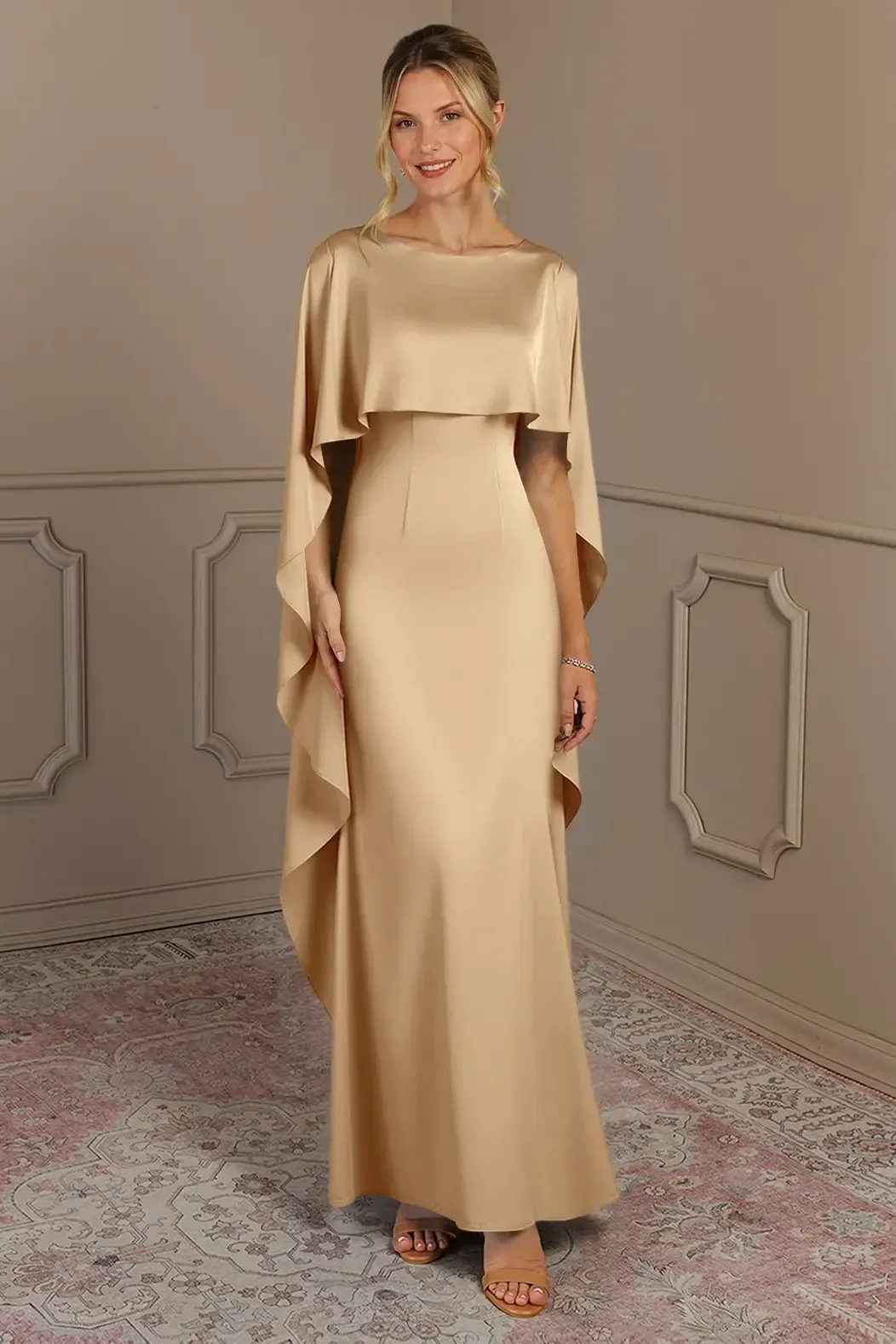 Daisda Bateau Neck Cape Sleeves High-Waisted Long Mermaid Mother Of The Bride Dress