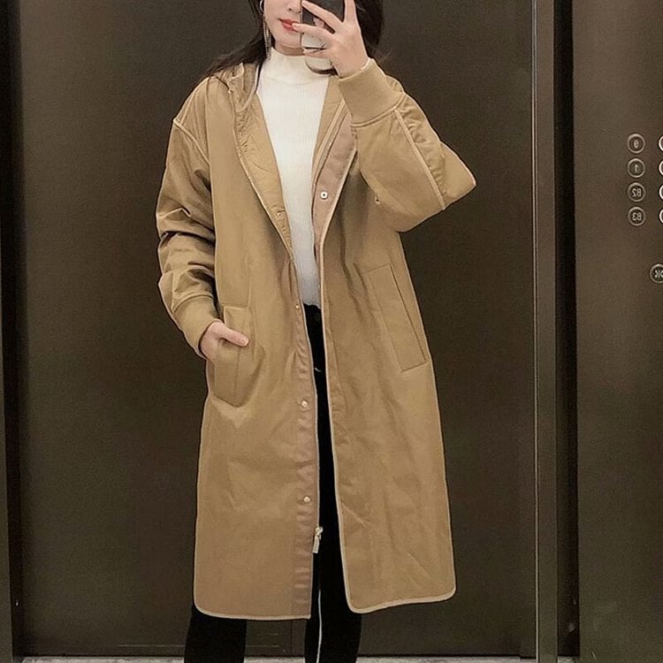 Autumn Winter Oversize Hooded Parka Coat Women Vintage Khaki Zipper Long Jacket Outwear Female Casual Loose Overcoats Ladies - BlackFridayBuys