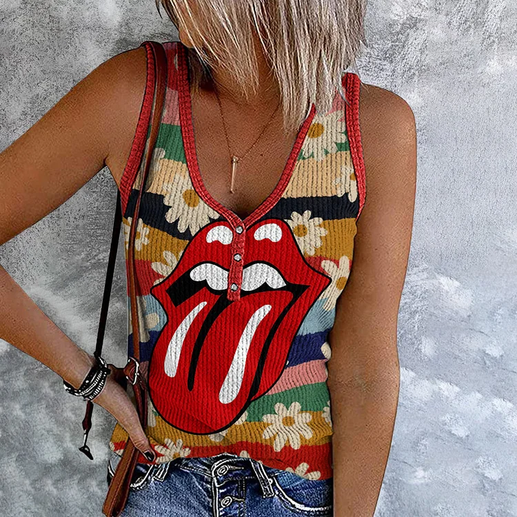 Comstylish Retro Floral Daisy Colorful Stone Lips Graphic Sleeveless Tank Top