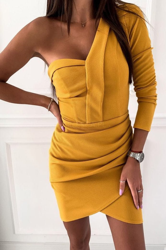 Yellow One Shoulder Short Bodycon Dress - Life is Beautiful for You - SheChoic